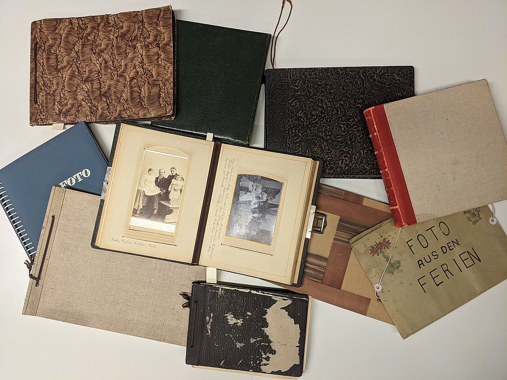 A collection of various old photo albums from the Alice Salomon Archive
