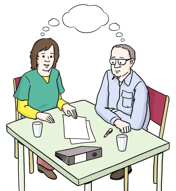 Zeichnung: Zwei Personen sitzen an einem Tisch