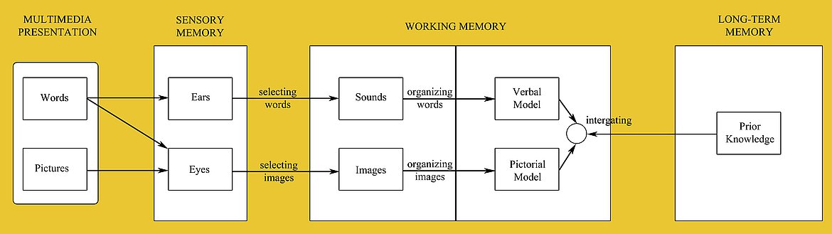 Das Schaubild visualisiert die Kognitive Theorie des multimediale Lernens. Dabei wird links nach recht der kognitive Verarbeitungsprozess dargestellt. 1. Multimedia Präsentation, 2. Sensorisches Gedächtnis, 3. Arbeitsgedächtnis, 4. Langzeitgedächtnis.